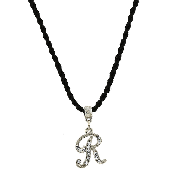 Black Cord Silver Tone Crystal Initial Necklaces R