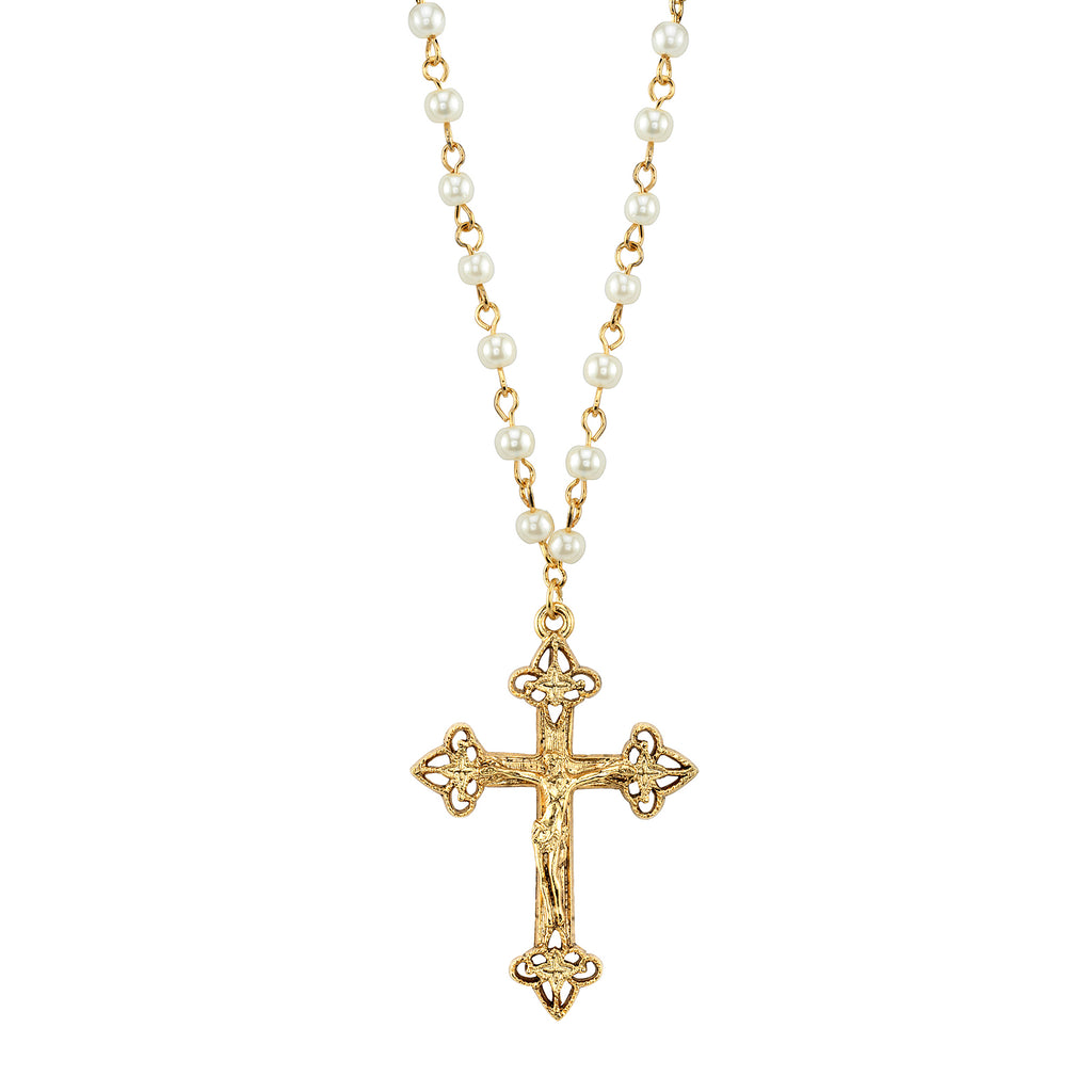 4mm Faux Pearl Chain Crucifix Cross Pendant Necklace 16" + 3" Extender