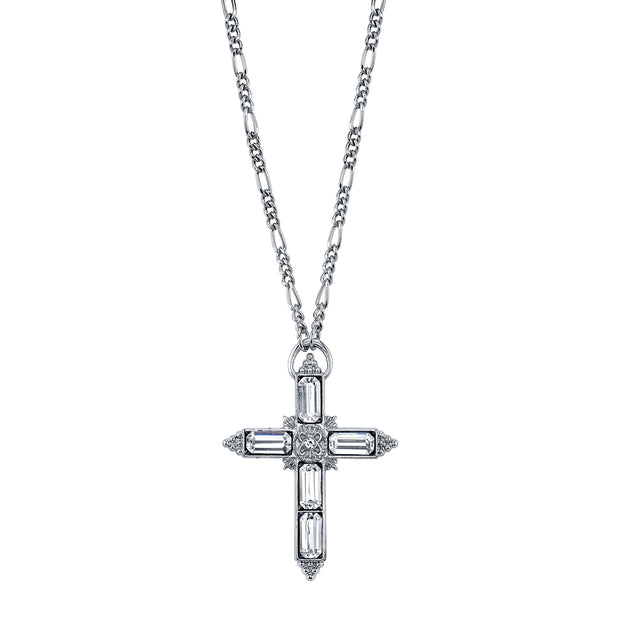 Silver Tone Large Crystal Cross Pendant Necklace 28In
