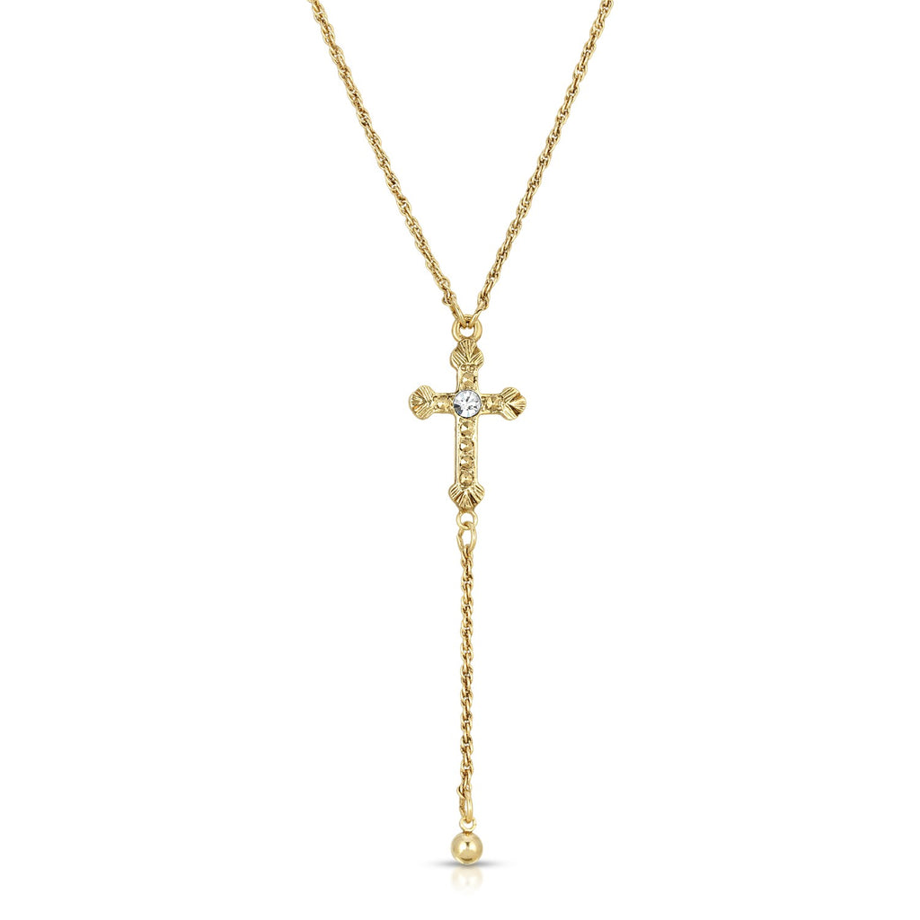 14K Gold Tone Crytsal Accent Cross Y Necklace 15   18 Inch Adjustable