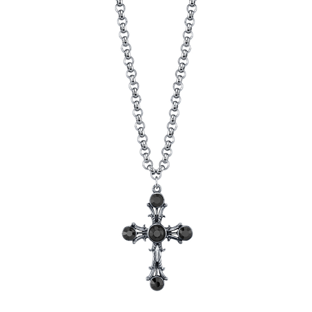 Silver Tone Black Cross Pendant Necklace 16 - 19 Inch Adjustable