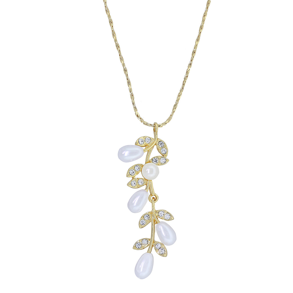 Faux Pearl Drop Crystal Leaves Necklace 18 Inch Chain
