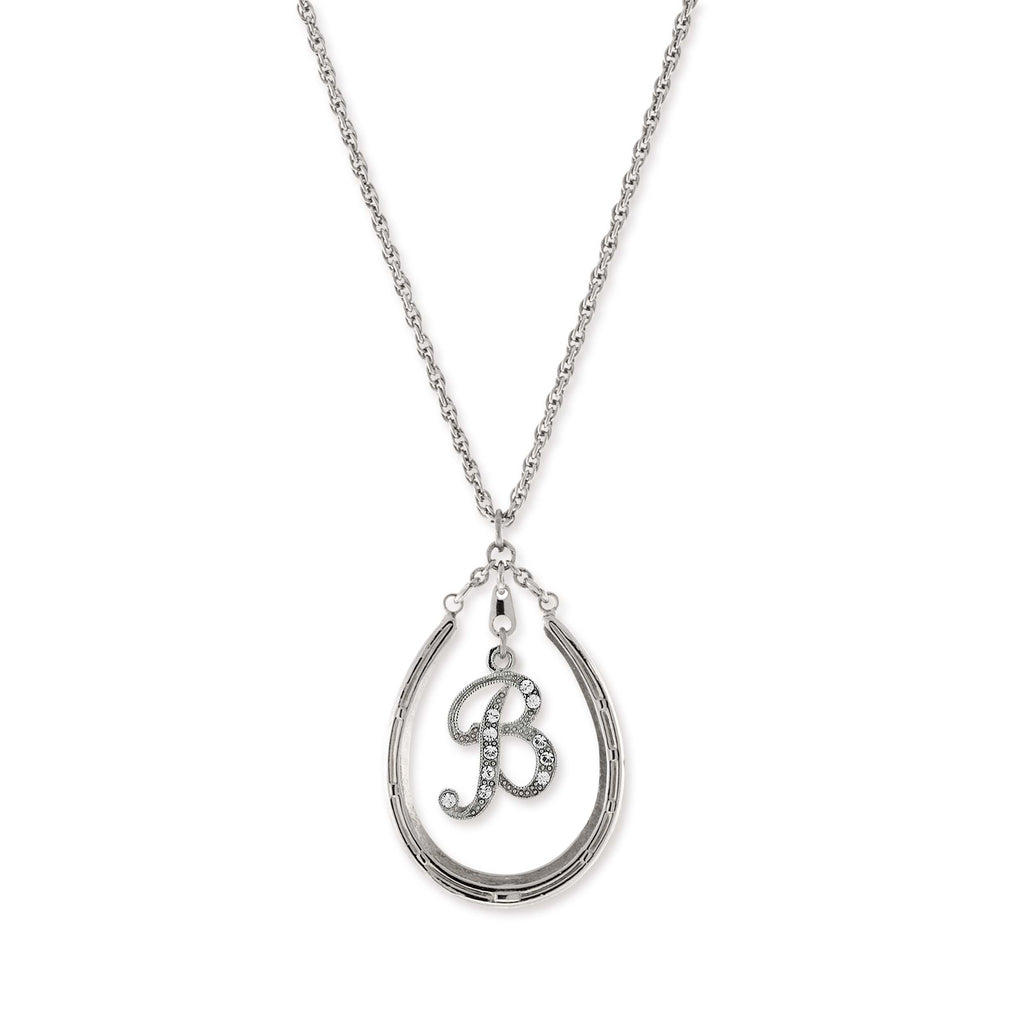 Pewter Horseshoe Crystal Initial Necklace 16   19 Inch Adjustable B