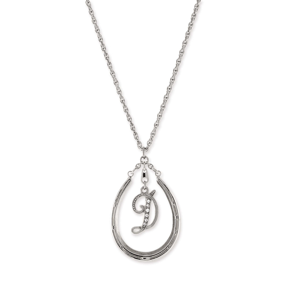 Pewter Horseshoe Crystal Initial Necklace D