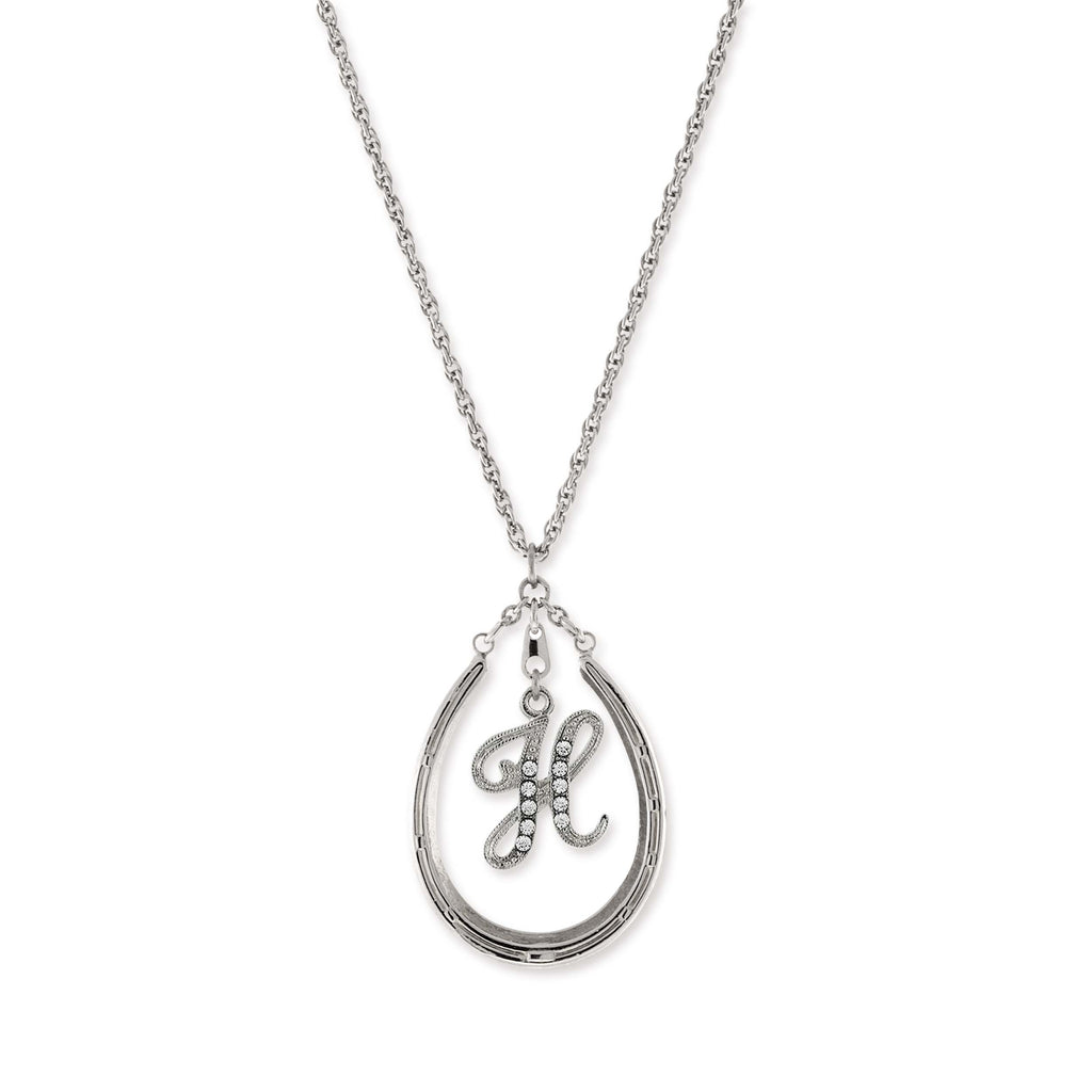 Pewter Horseshoe Crystal Initial Necklace H
