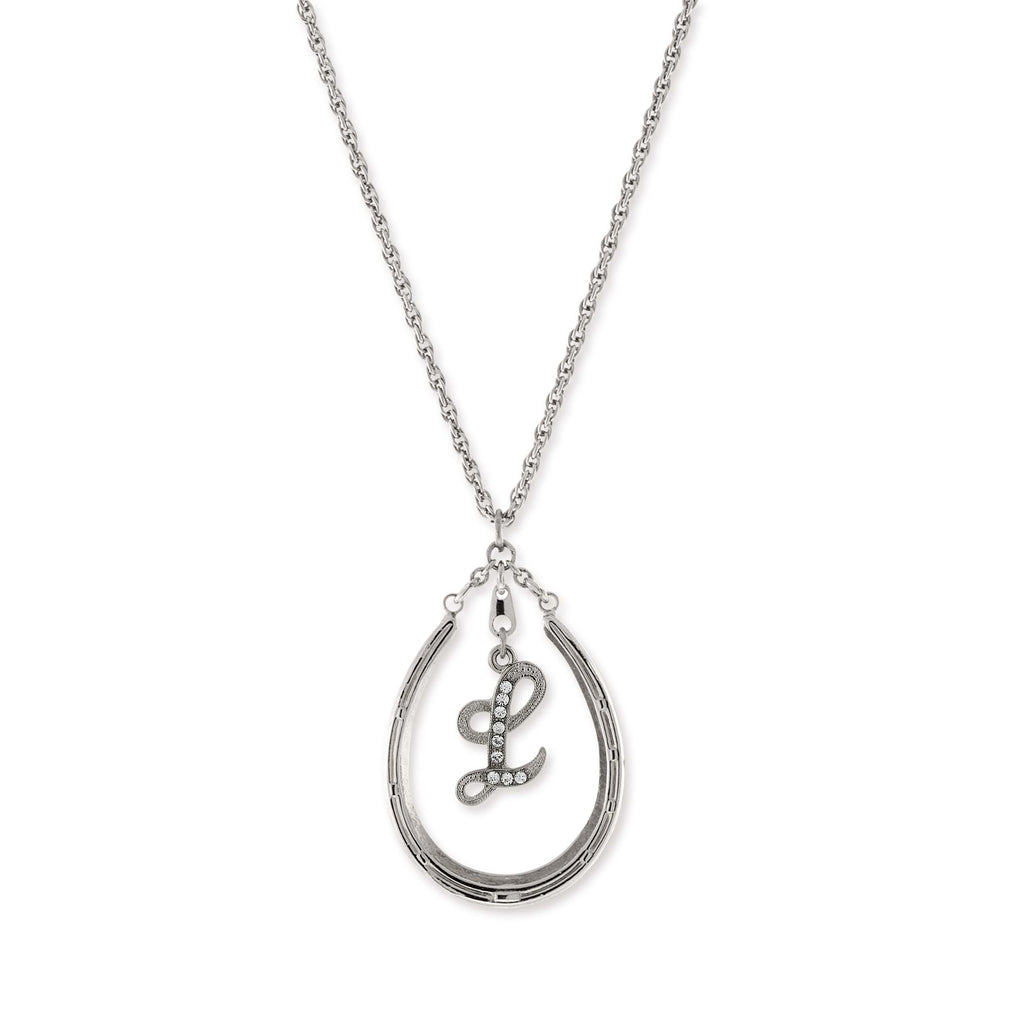 Pewter Horseshoe Crystal Initial Necklace L