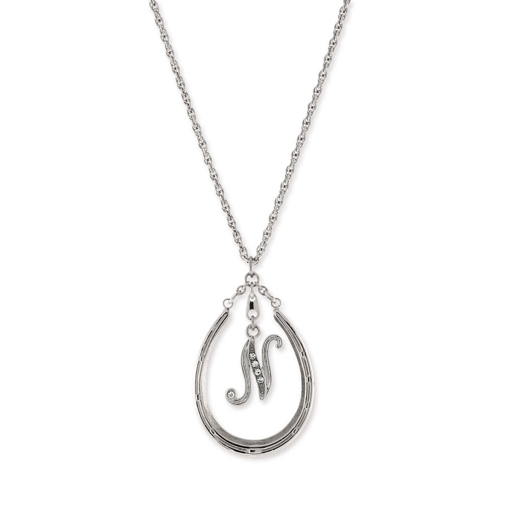 Pewter Horseshoe Crystal Initial Necklace N