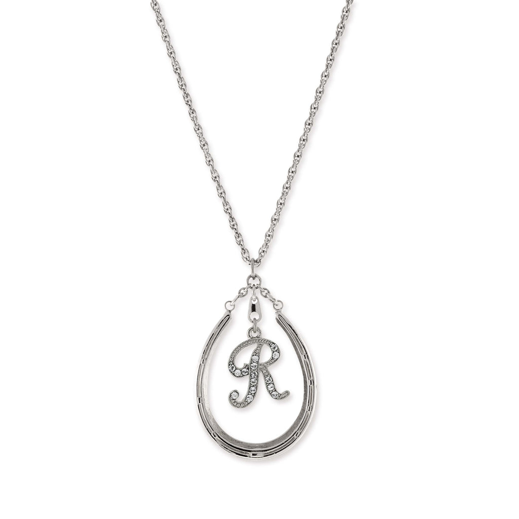 Pewter Horseshoe Crystal Initial Necklace S
