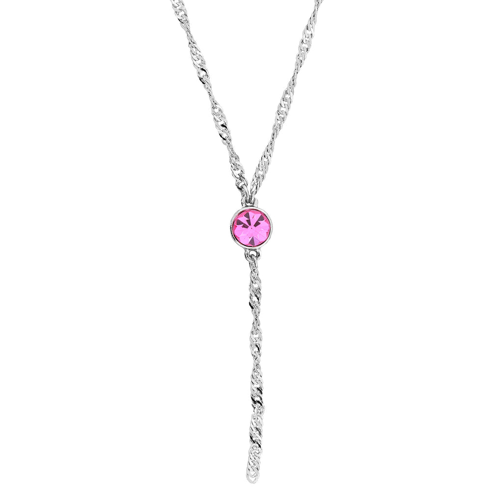 Silver Tone Round Crystal Y Necklace Chain 16   19 Inch Adjustable Pink