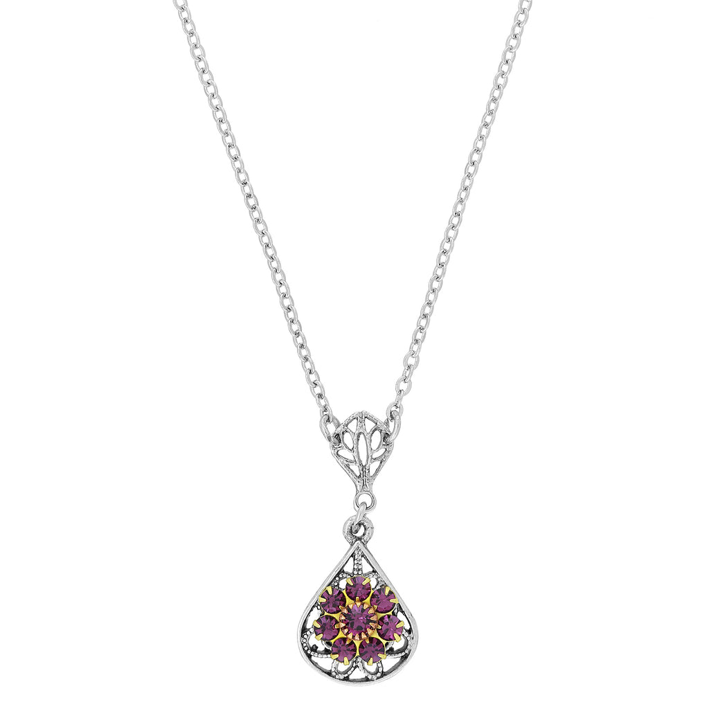 Pewter Crystal Flower Teardrop Necklace 16In Adj Purple