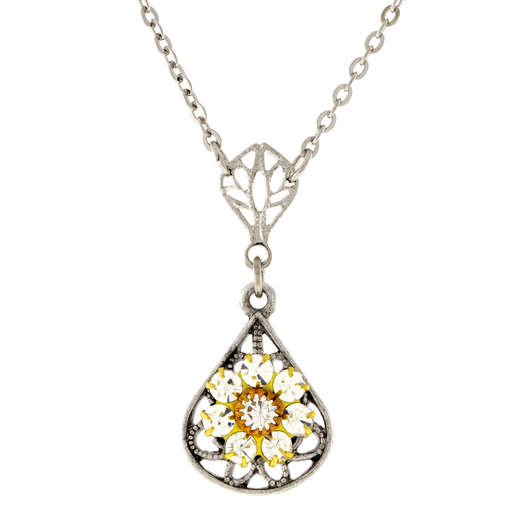 Pewter Crystal Flower Teardrop Necklace 16   19 Inch Adjustable