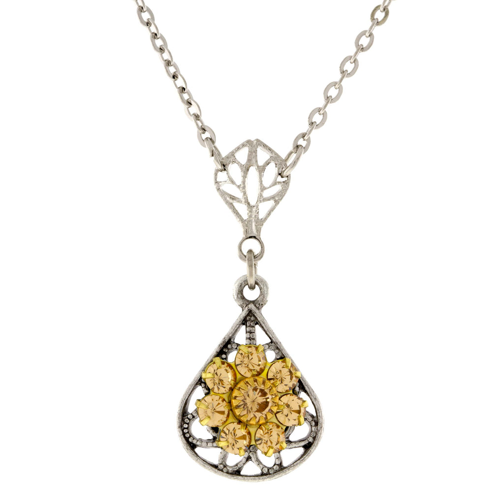 Pewter Crystal Flower Teardrop Necklace 16In Adj Yellow