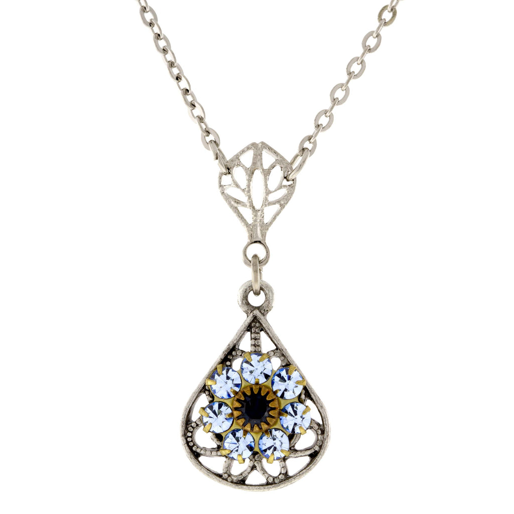 Pewter Crystal Flower Teardrop Necklace 16In Adj Blue