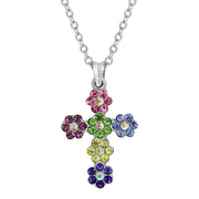Silver Tone Multi Color Flower Cross Necklace 16   19 Inch Adjustable