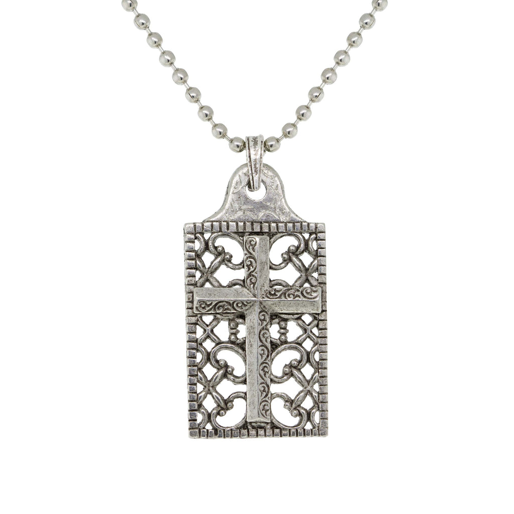 Pewter Cross Square Dog Tag Pendant  22 In