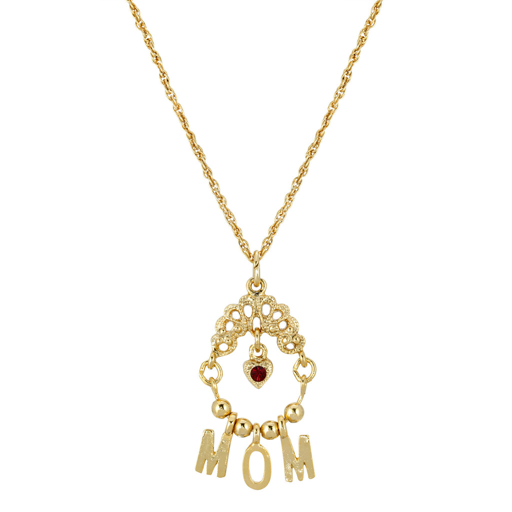 1928 Gold Tone Red Heart Charm Mom Necklace 18 Inches