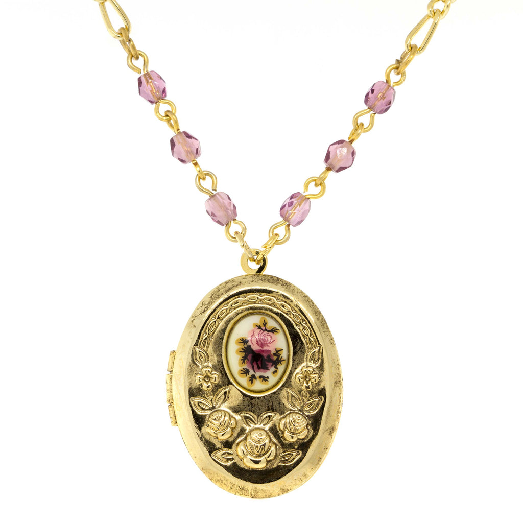 Gold Tone Pink And Purple Flower Beaded Locket Necklace 18 Adj.