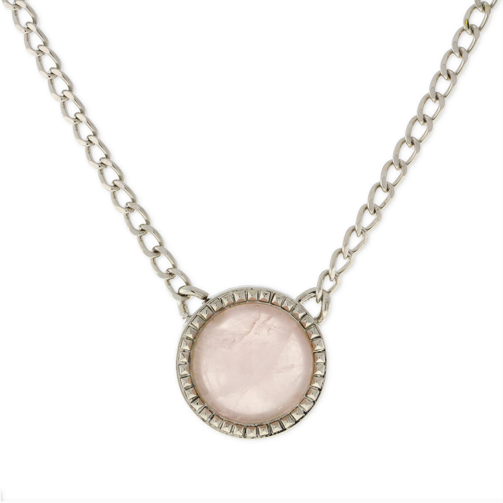 Silver Tone Pink Rose Quartz Gemstone Round Necklace 16   19 Inch Adjustable