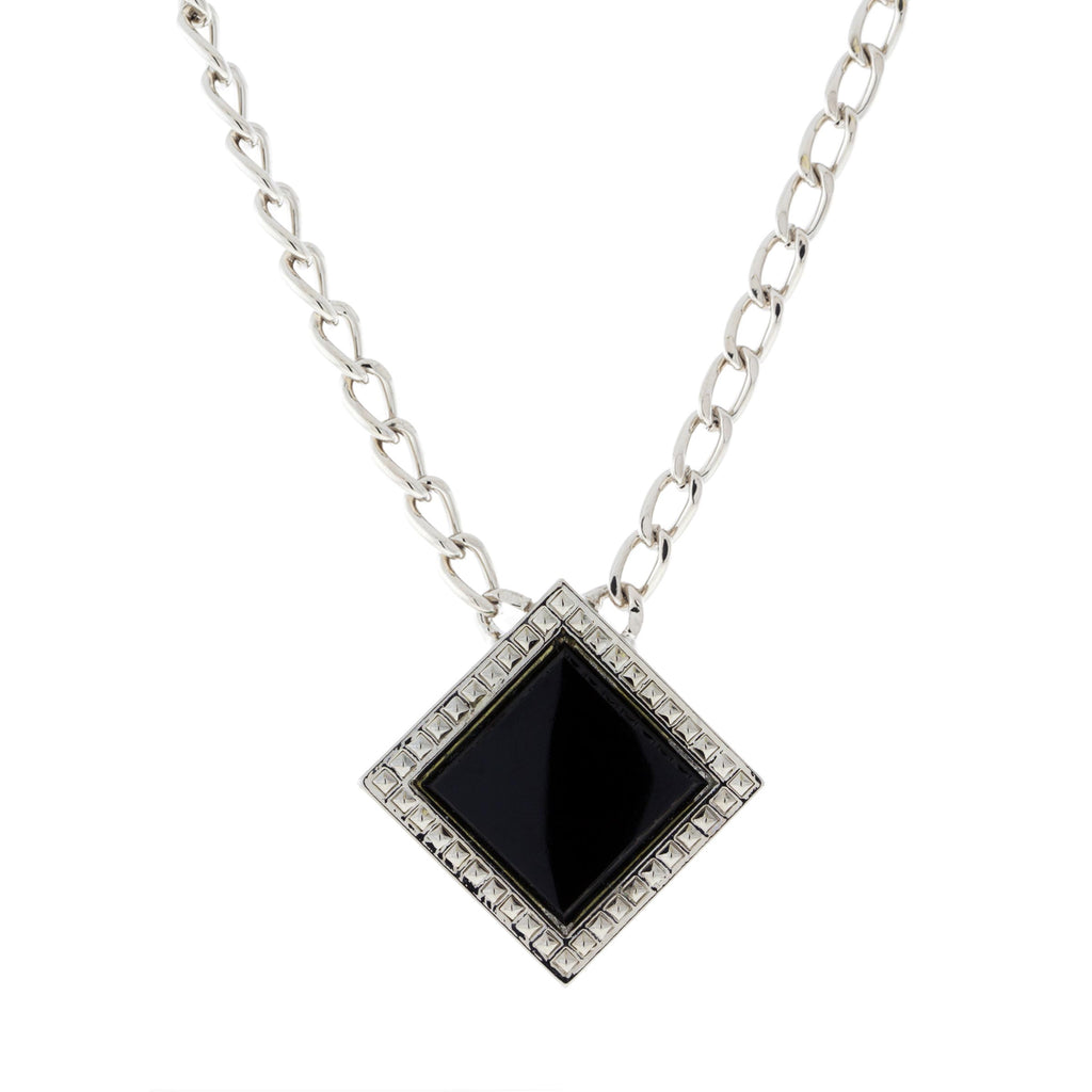 Silver Tone Black Onyx Gemstone Square Necklace 16   19 Inch Adjustable