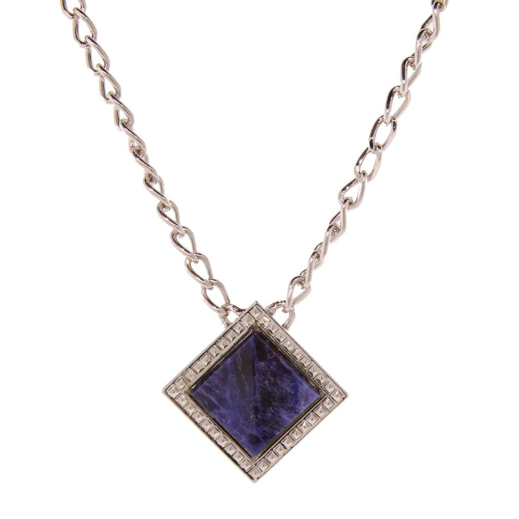 Silver Tone Blue Sodalite Gemstone Square Necklace 16   19 Inch Adjustable