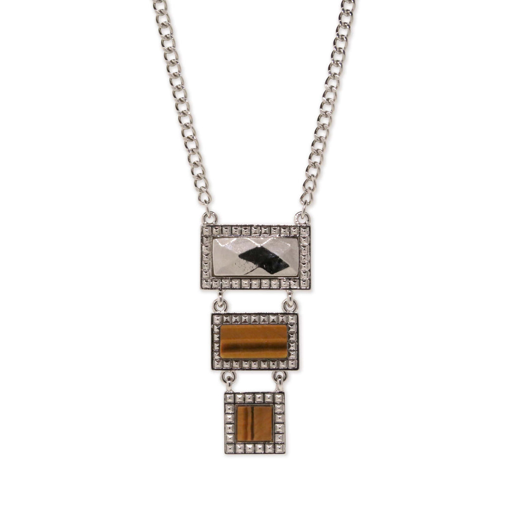 Silver Tone Tiger Eye Gemstone Rectangle Square Drop Necklace 16   19 Inch Adjustable