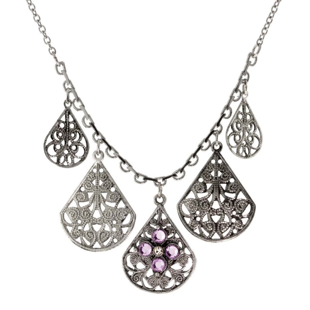 Pewter Round Crystal Flower Multi Teardrop Necklace 16" Adj. Purple