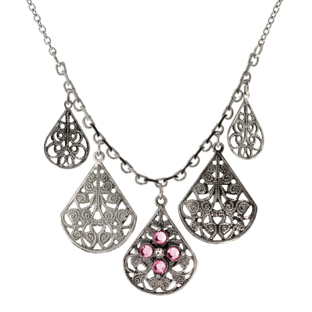 Pewter Round Crystal Flower Multi Teardrop Necklace 16" Adj. Pink
