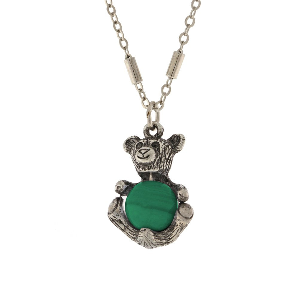 1928 Jewelry Pewter Round Gemstone Teddy Bear Pendant Necklace 16\