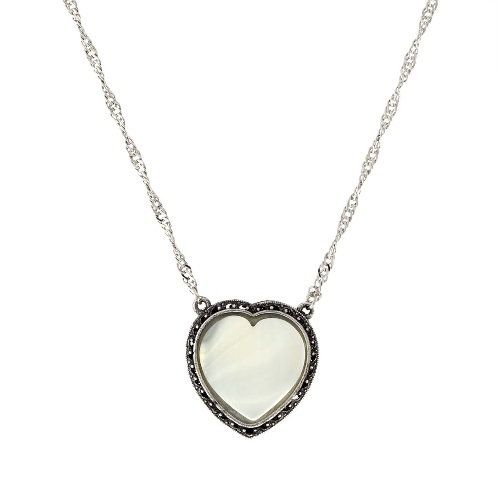 Silver Tone Gemstone Costume Mother Of Pearl Heart Necklace 16   19 Inch Adjustable