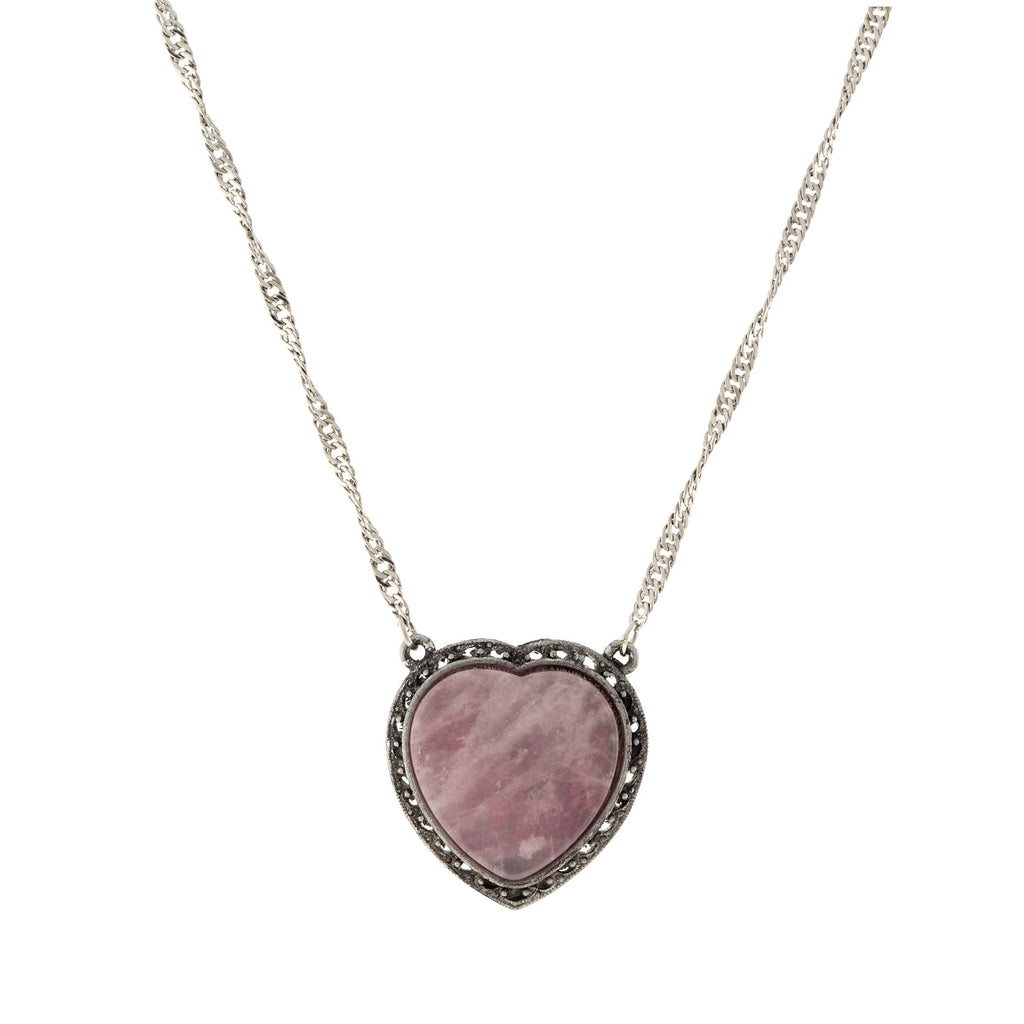 Silver Tone Semi Precious Heart Necklace Rose Quartz
