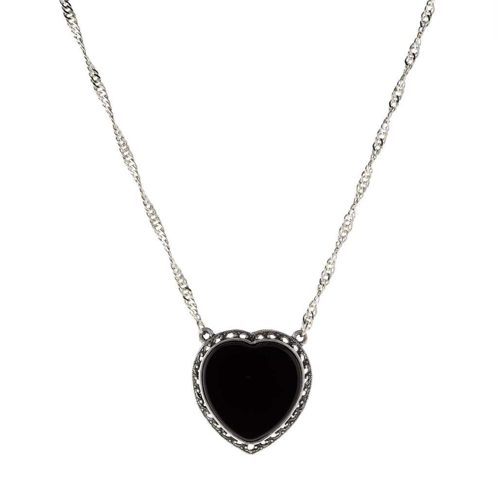 Silver Tone Semi Precious Heart Necklace Black Onyx