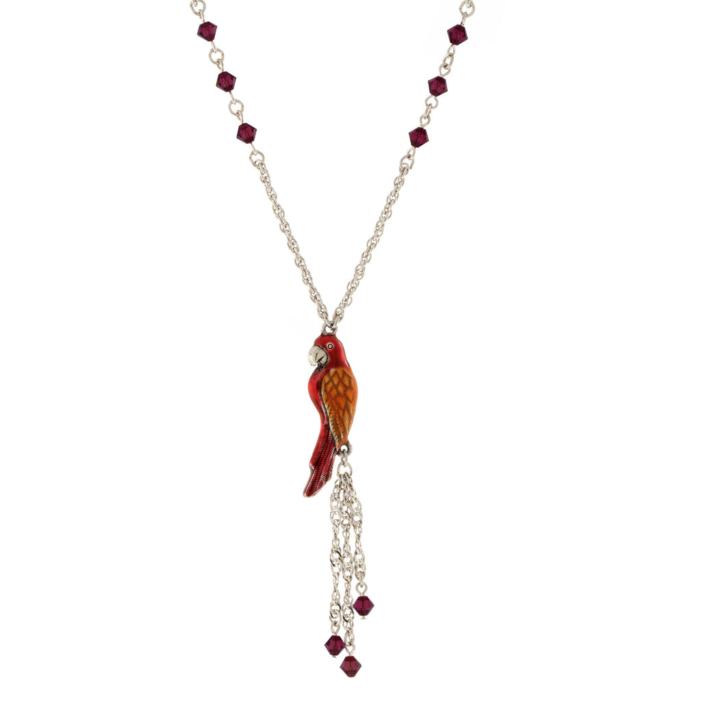 Silver Tone Enamel Orange Red Parrot With Crystal Beads Necklace
