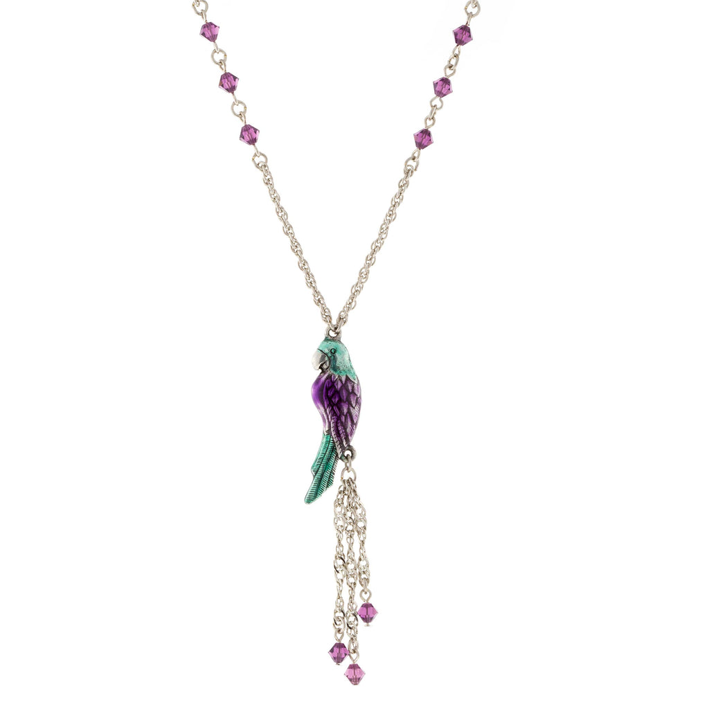 Silver Tone Enamel Purple Green Parrot With Crystal Beads Necklace