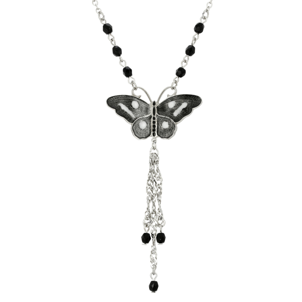 Enamel Butterfly Tassel Necklace 16" + 3" Extender