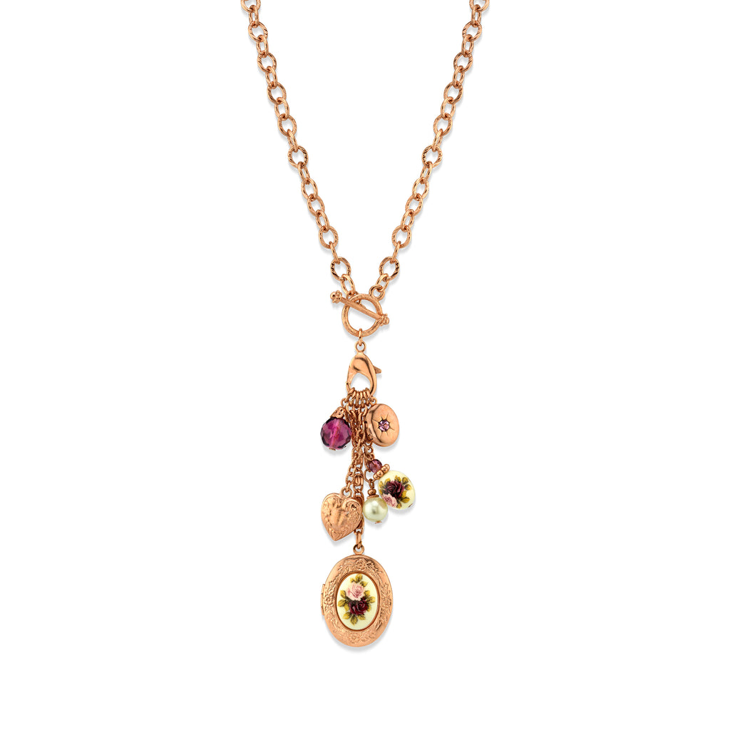 Rose Gold Tone Purple Crystal Heart And Locket Charm Toggle Necklace 20 In