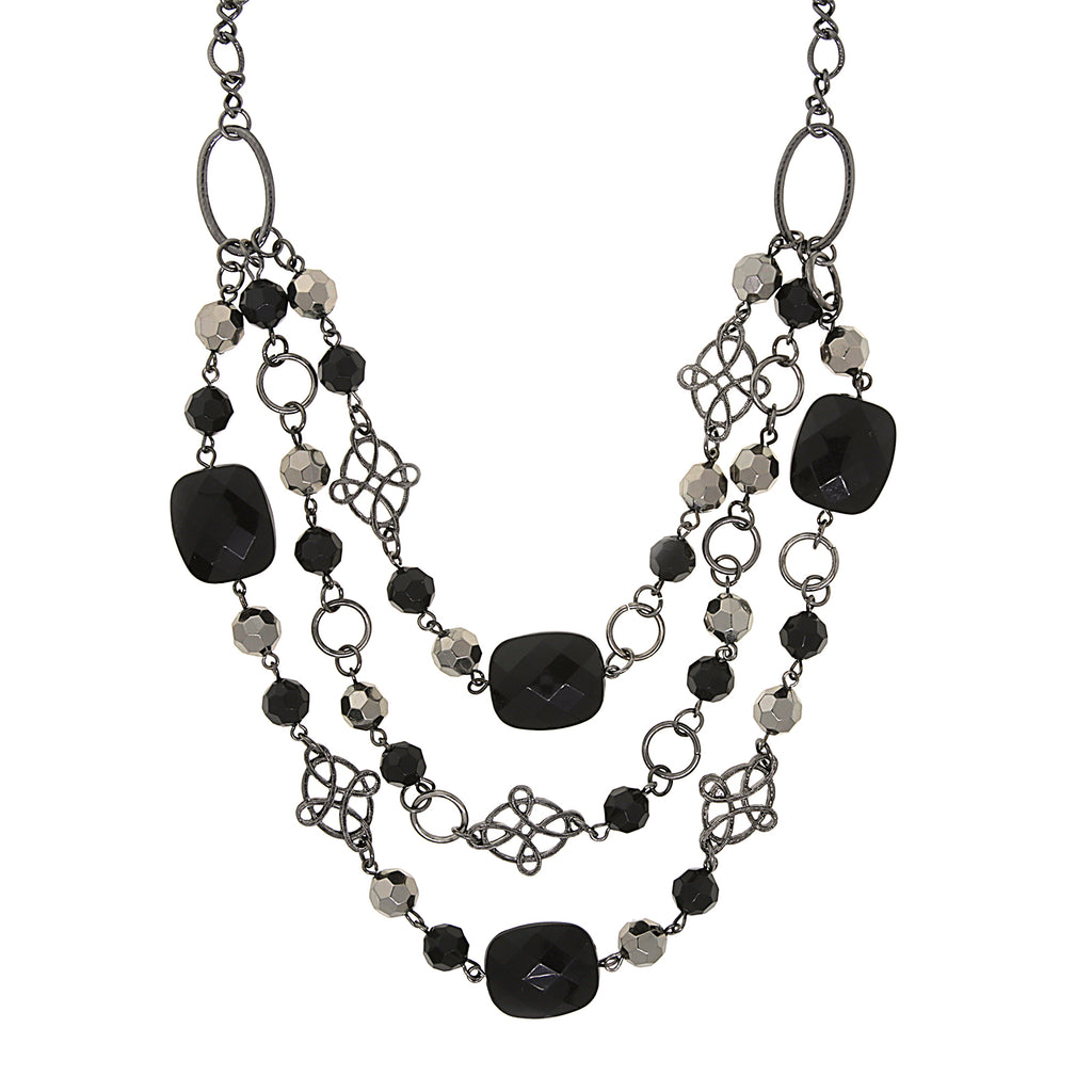 Black Tone Black Beaded Layer Necklace 18 In