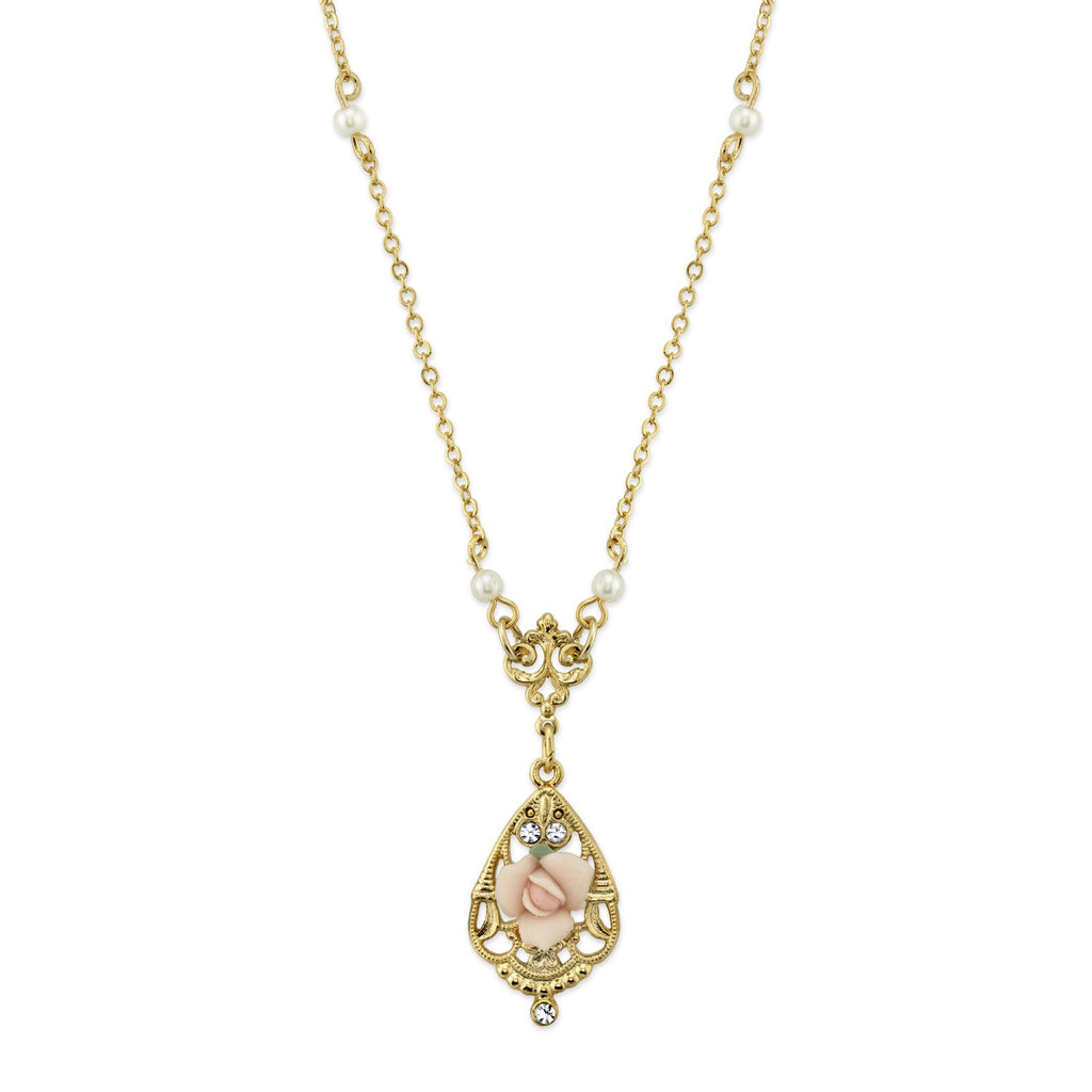 14K Gold Dipped Porcelain Rose With Crystal Accent Necklace 17 Inch Pink