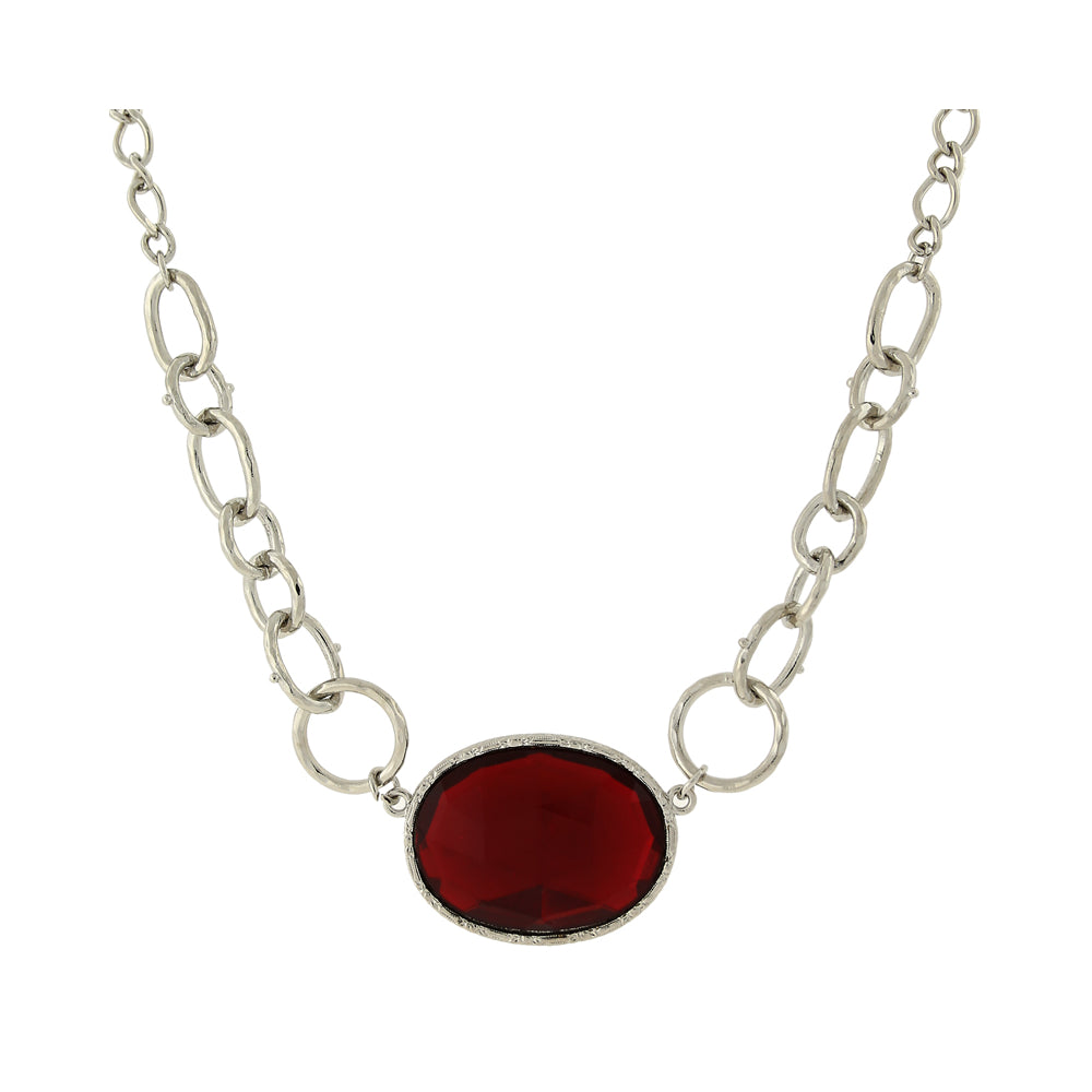 Silver Tone Red Faceted Oval Stone Necklace 16   19 Inch Adjustable