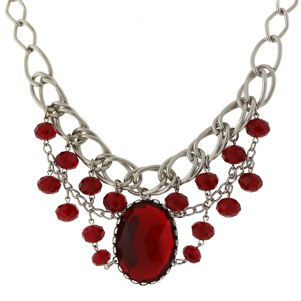 Silver Tone Red Faceted Oval Stone And Crystal Bead Bib Necklace 18 In