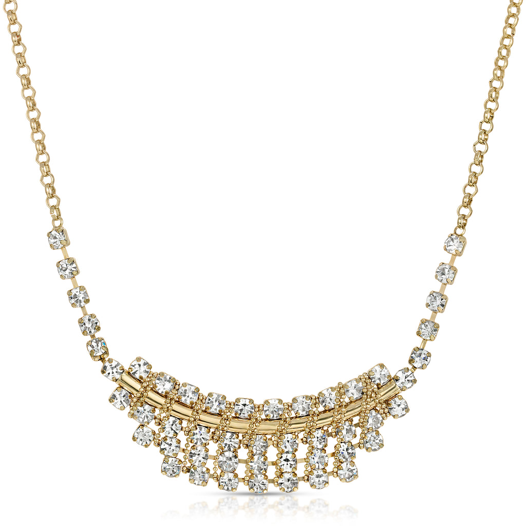 Gold Tone Crystal Bib Necklace 18   21" Adjustable