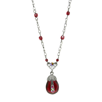 2028 Jewelry Siam Red Teardrop Pendant AB Crystal Accent Red Beaded Black Chain Necklace 16" + 3" Extender