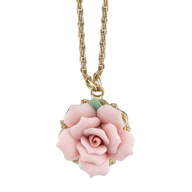 Gold Tone Genuine Pink Porcelain Rose Pendant Necklace 16   19 Inch Adjustable