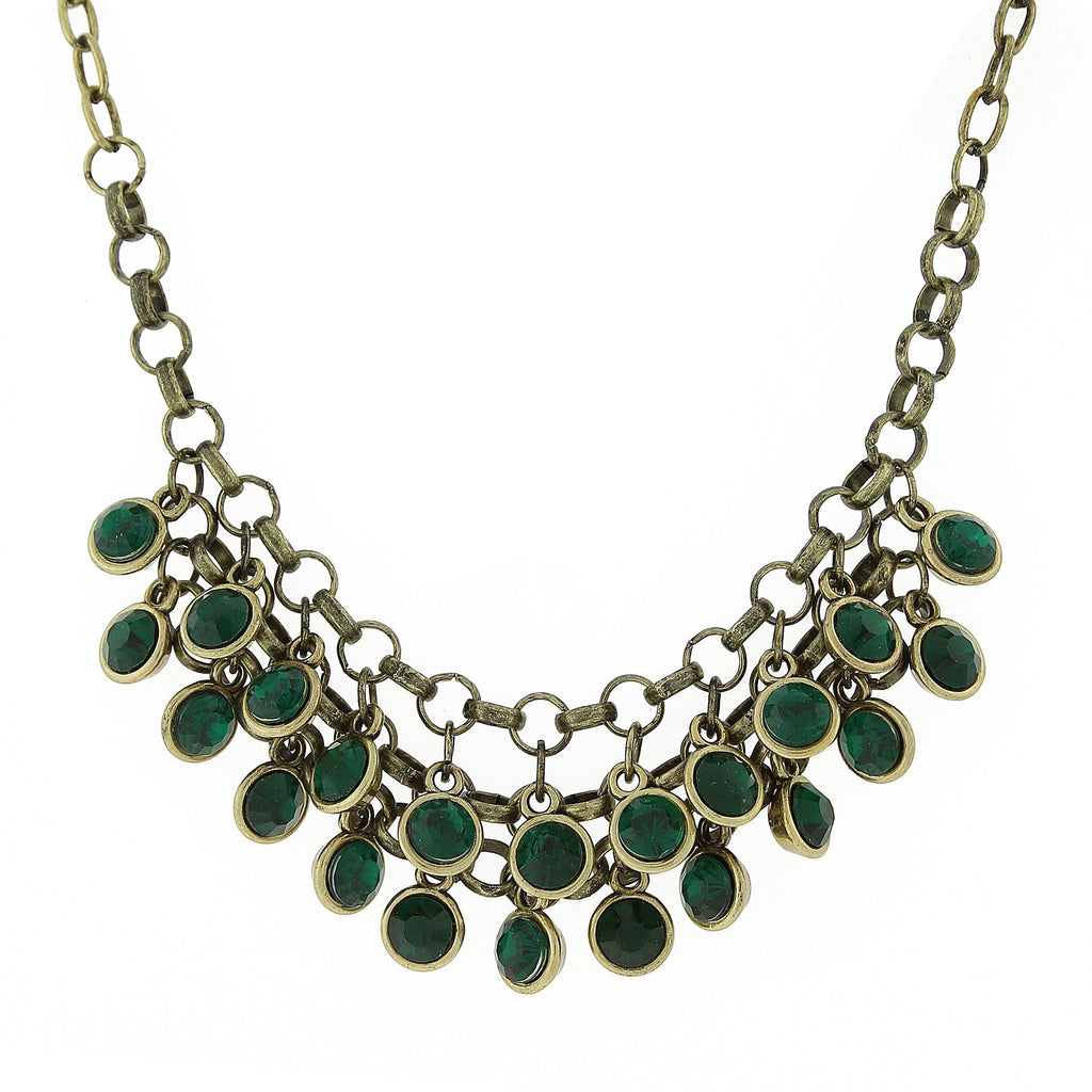 Burnished Gold Tone Emerald Green Cluster Bib Necklace 16"Adj.