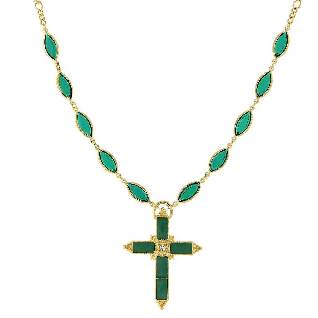 14K Gold Dipped Green Cross Necklace 16   19 Inch Adjustable