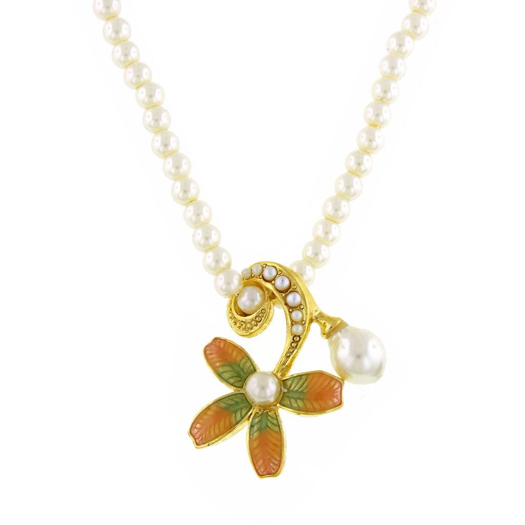 Enamel Fantasia Fiori  Faux Pearl Floral Pendant Necklace 16" + 3" Extender