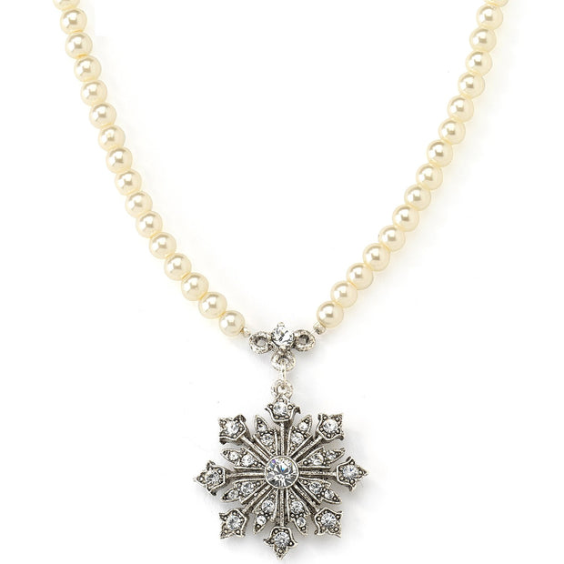 Faux Pearl Crystal Snowflake Pendant Necklace 15" + 3" Extender