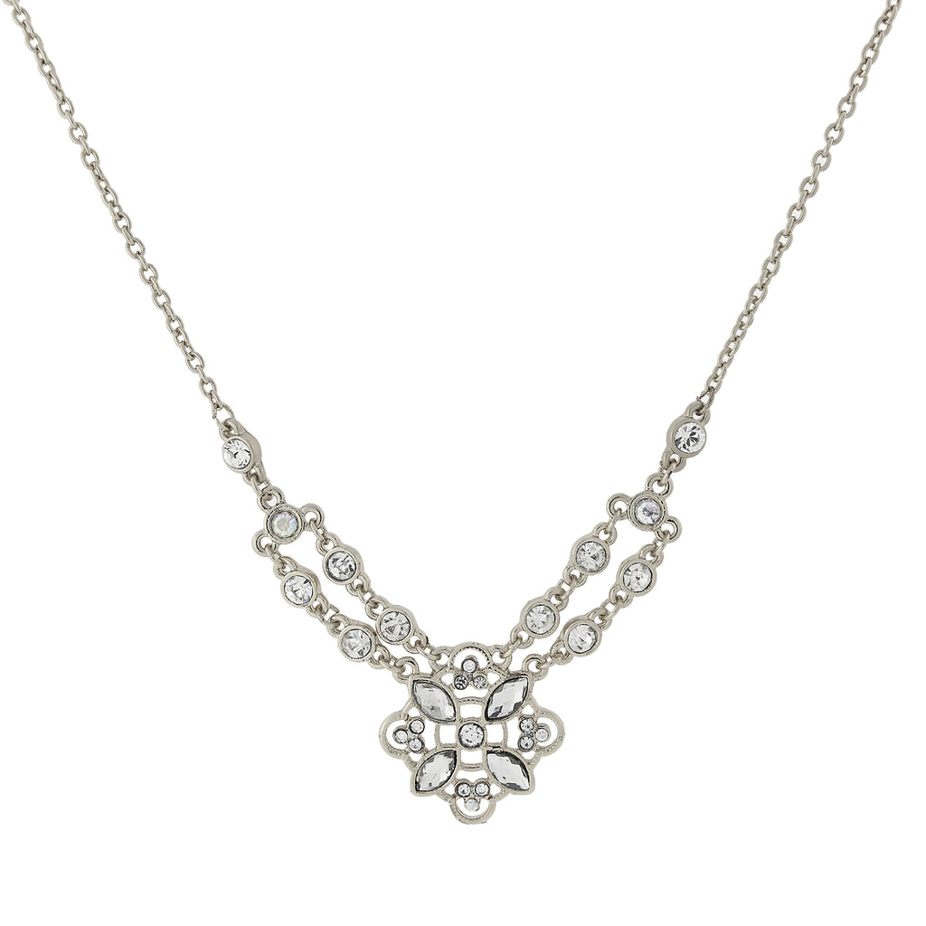 Silver Tone Crystal Necklace 16   19In. Adjustable