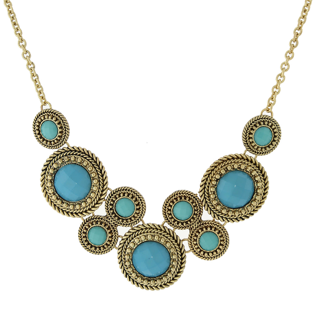 Gold Tone Turquoise Round Faceted Bib Necklace 16   19 Inch Adjustable