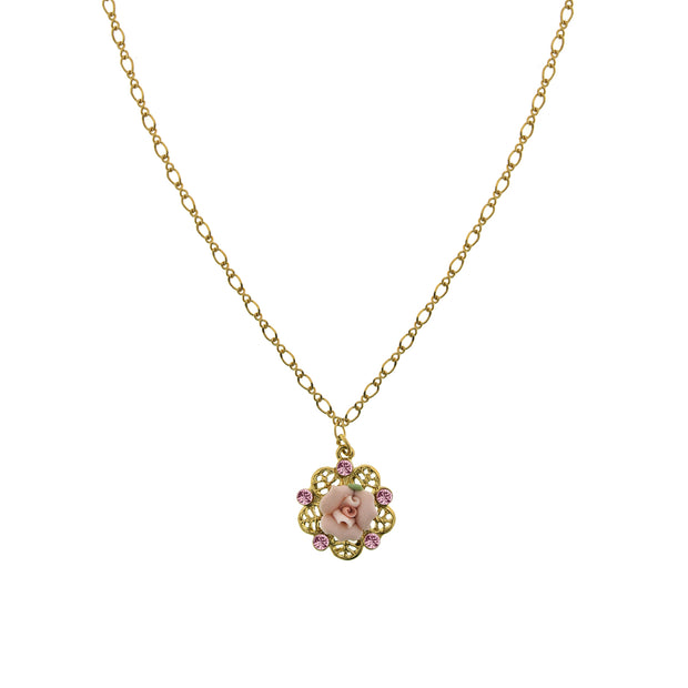 Gold Tone Pink Crystal And Porcelain Rose Filigree Necklace 16   19 Inch Adjustable