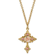 Gold Tone Crystal And Porcelain Rose Cross Filigree Necklace 18 In Adj
